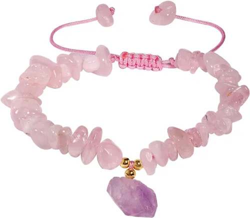 Vista 10 de Jewever Chip Reiki - Pulsera de cristal de cuarzo rosa con amatista cruda para mujer, cristales curativos y piedras preciosas para yoga, meditación