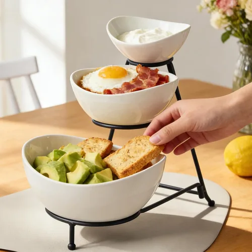 Vista 3 de Gomakren - Juego de cuencos ovalados de 3 niveles, soporte plegable de metal negro Multi-capacity porcelain bowls holiday party display, stable