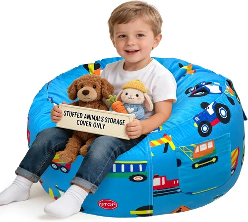 Vista 21 de Lukeight - Puf de almacenamiento de animales de peluche para niños, funda para puf de dinosaurio con cremallera para organizar la habitación