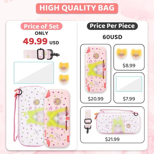 Vista 7 de Funda de transporte rosa para accesorios Nintendo Switch Lite, paquete de funda de viaje para Switch Lite con funda protectora de TPU suave, correa