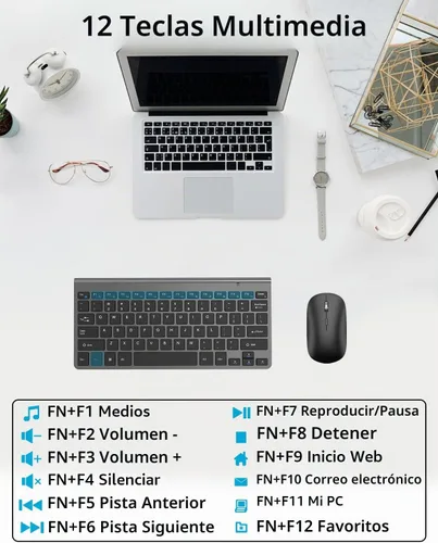 Vista 6 de Combo compacto de teclado y mouse inalámbricos, mini teclado de viaje portátil y mouse silencioso con receptor USB, clic silencioso, tamaño pequeño