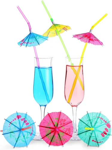Vista 9 de Sieral 300 popotes para sombrillas, para decoración de fiesta Luau, pajitas de cóctel hawaianas flexibles con paraguas, popotes desechables