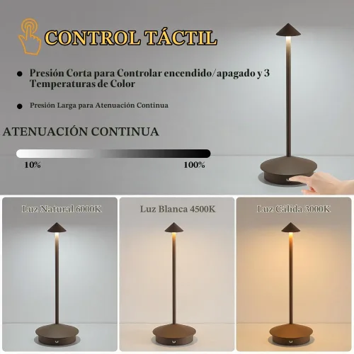 Vista 3 de Paquete de 2 lámparas de mesa inalámbricas recargables LED, portátiles de exterior, 5000 mAh, operadas con batería, luz de mesa con control táctil