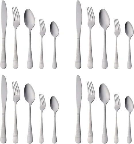 Vista 11 de Christmas Gift Black Hammered Flatware Sets for 4, 20 Pieces Unique Pattern Design Stainless Steel Cutlery Silverware Set Includes Dinner