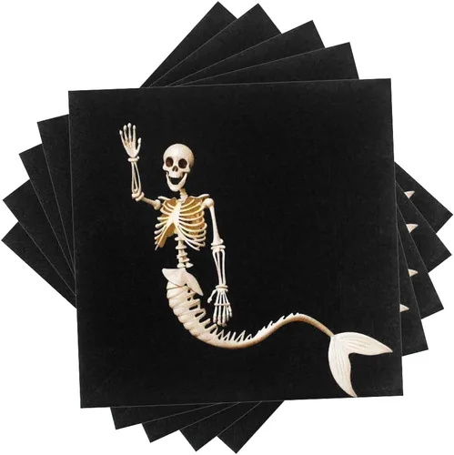 Vista 3 de 60 servilletas de Halloween – Servilletas de papel desechables de 6.5 x 6.5 pulgadas, servilletas negras de esqueleto de sirena para reuniones