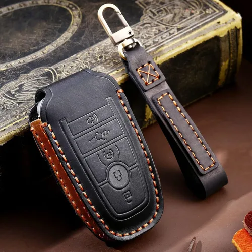 Vista 6 de Funda de cuero para llave de auto para Ford F-150 Mustang, llave inteligente con mando a distancia, funda de 5 botones, color negro