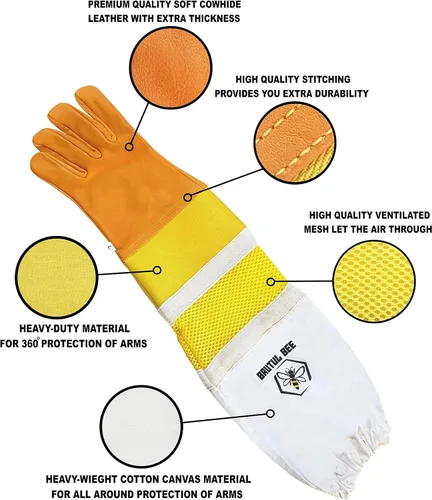 Vista 6 de Brutul Bee - Guantes ventilados de piel de vaca con goma y malla manguito largo protector ventilado mangas