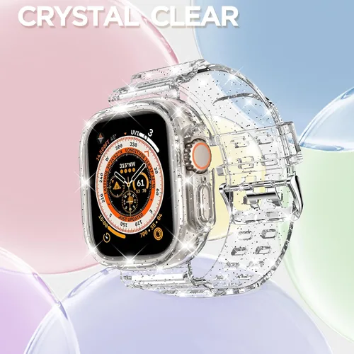 Vista 11 de DABAOZA - Correa transparente compatible con Apple Watch con estuche protector, correa deportiva de TPU con brillo para mujeres y hombres