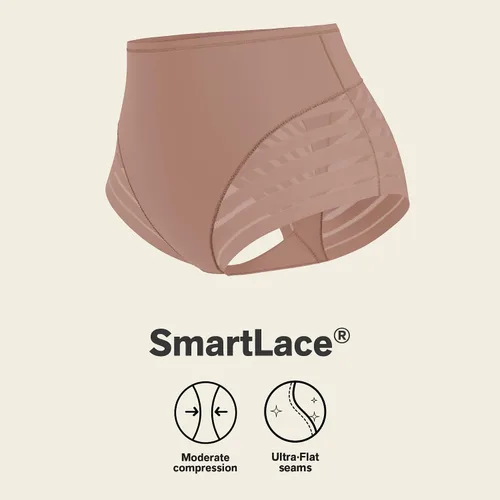 Vista 5 de Leonisa Faja Invisible de Cintura Alta con Control de Abdomen para Mujeres - Ropa Interior de Encaje a Rayas para Damas Panties Marrón claro