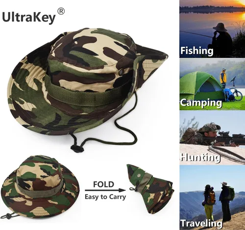 Vista 2 de Sombrero de protección solar de ala ancha para exteriores, clásico estilo militar de combate de EE. UU., gorra de sol para pesca, caza, campamento
