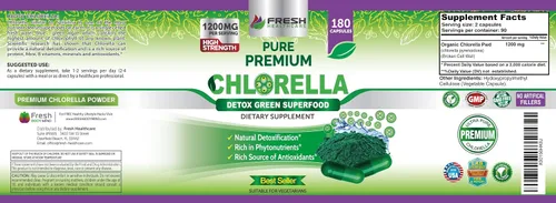 Vista 7 de FRESH HEALTHCARE Suplemento prémium de Chlorella, cápsulas de polvo vegano puro de 1200 mg, 180 pastillas de clorofila y CFG, superalimento natural