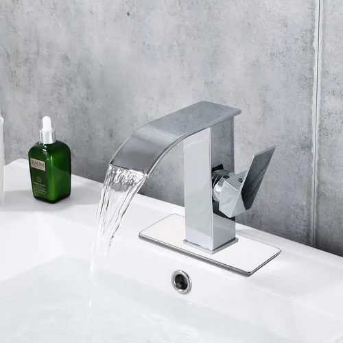Vista 2 de Grifo cromado de baño con una sola manija de 1 agujero, lavabo de lavabo cascada con desbordamiento, desbordamiento, desagüe emergente, montaje
