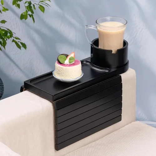 Vista 9 de Soporte de taza para sofá para reposabrazos de más de 4.9 pulgadas de ancho, bandeja de brazo de sofá de madera de acacia con soporte de taza