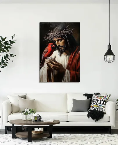 Vista 2 de Arte de pared de Jesús y cardenal, decoración de Cristo, cuadro enmarcado de Dios, pintura cristiana, inspiración religiosa, impresiones en lienzo