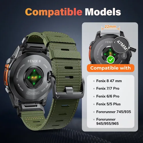 Vista 5 de Compatible con Garmin Fenix 6 Watch Band para Fenix 8 1.850 in/8 Pro 1.850 in/Fenix 7/Fenix 6 Pro/5/5 plus, 0.866 in Quickfit Correa de reloj Verde
