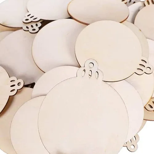 Vista 2 de 50 bolas de madera de Navidad, adornos colgantes de madera, recortes de bolas de Navidad, piezas de rebanadas de madera para Navidad, decoración