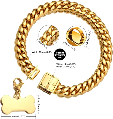 Vista 2 de Collar de cadena de oro para perro con etiqueta de identificación de perro, cadena de eslabones cubanos de acero inoxidable de 18 quilates