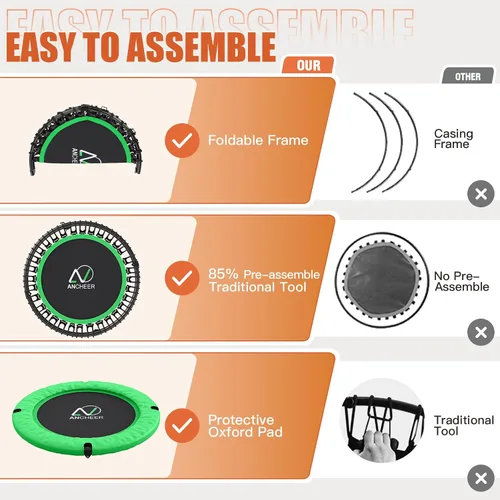Vista 8 de ANCHEER Trampolín Rebounder de 40 pulgadas con mango ajustable de 4 niveles, mini trampolín máximo de 400 libras, trampolín de fitness resistente