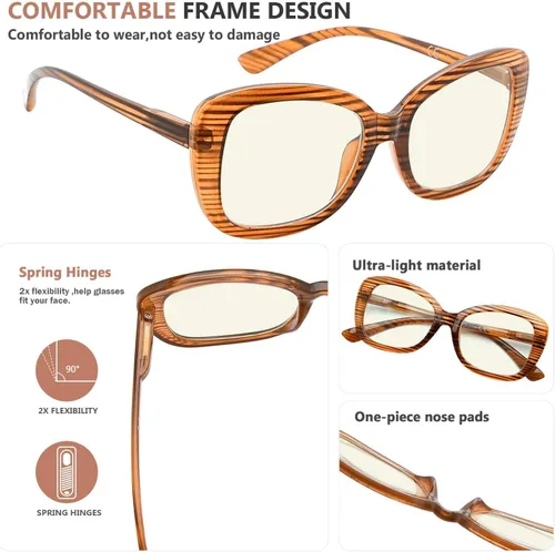 Vista 4 de Eyekepper Lentes de computadora para mujer, de gran tamaño, bloqueo de luz azul, rayas marrones +3.00