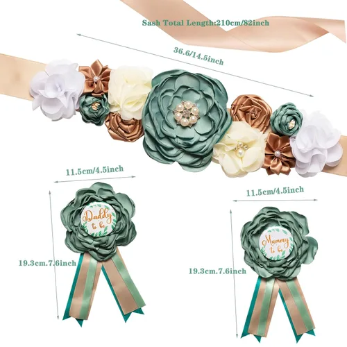 Vista 2 de Juego de fajas verdes de maternidad para mamá y papá, ramillete de flores, suministros de recuerdo de baby shower, decoraciones de revelación