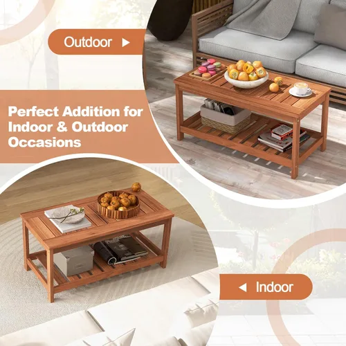 Vista 4 de Giantex Mesa de centro de madera dura para patio, mesa de centro de madera de 2 niveles con mesa de listones y estante de almacenamiento, mesa