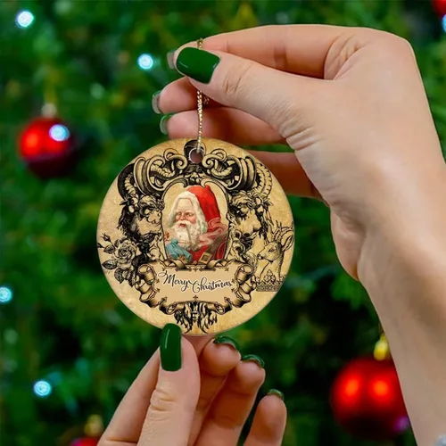 Vista 4 de Adorno de Navidad de cerámica retro impreso de dos caras para familiares, amigos, niños, colgantes de recuerdo de Navidad de Papá Noel