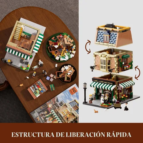 Vista 3 de Funwhole Set de Construcción de Café-Librería con Luces LED - Conjunto de Ladrillos de Construcción Modular de Modelo de Casa de Café de Ciudad