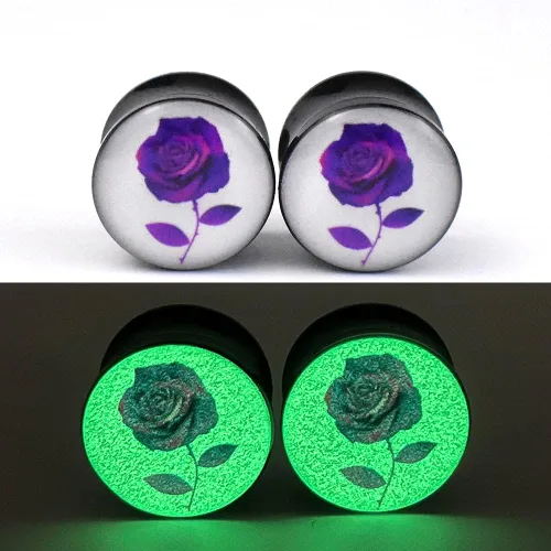 Vista 5 de Jboyanpei 6 unids3 pares brillan en la oscuridad rosa patrón acrílico túnel de oído calibre y tapones dilatador dilatador piercing tamaño 0.236in a