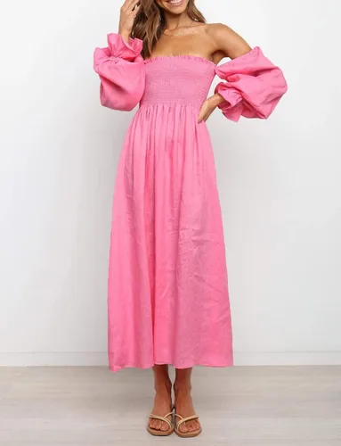 Vista 2 de R.Vivimos Vestido de verano para mujer, de manga larga, casual, estampado a cuadros, fruncido, hombros descubiertos, acampanado, vestido midi