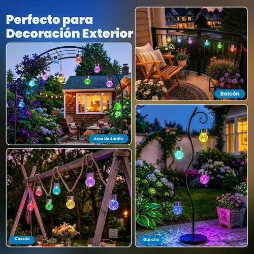 Vista 5 de Solpex Luces solares colgantes al aire libre, paquete de 8 luces decorativas de bola de vidrio agrietado, iluminación solar impermeable, luces