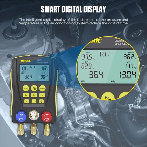 Vista 7 de Medidor de colector digital de refrigeración, kit de probador de temperatura de presión de vacío HVAC con clip de prueba y tubería para probar