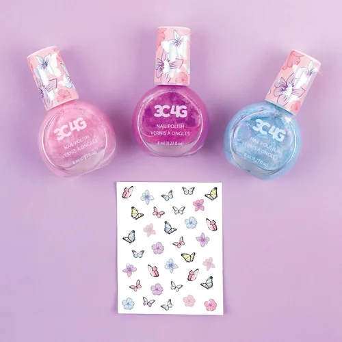 Vista 2 de Make It Real - Juego de 3 esmaltes de uñas con diseño de mariposa 3C4G para niñas, a base de agua, sin perfume, no tóxico, kit de esmalte de uñas