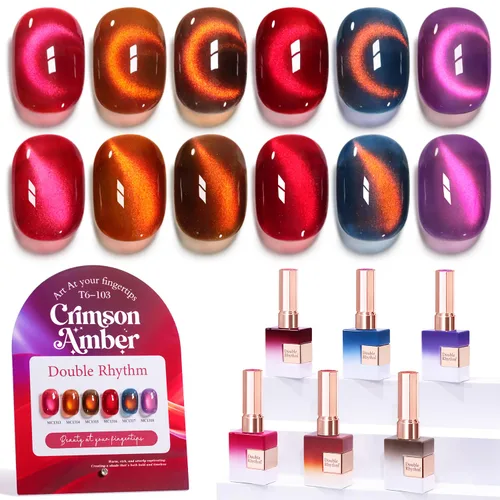 Vista 29 de Double Rhythm - Juego de esmalte de uñas de gel ojo de gato de 6 unidades, mismo color, misma botella, 14.8 ml, brillo con glitter, con imán Aurora