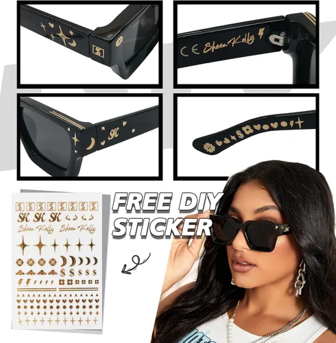 Vista 5 de SHEEN KELLY Gafas de sol rectangulares gruesas retro gruesas para mujeres y hombres, a la moda, con montura tipo tortie negra, gafas de los años 90
