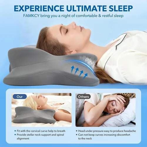 Vista 6 de Almohada cervical para aliviar el dolor de cuello, almohada ergonómica de espuma viscoelástica con funda de almohada de seda de hielo, almohada