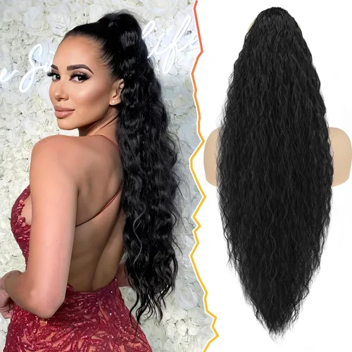 Vista 22 de BARSDAR Extensión de cola de caballo rizada ondulada con cordón negro marrón – 22 pulgadas de extensión de cabello sintético con peine de clip