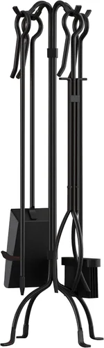 Vista 9 de Fire Beauty Juego de herramientas para chimenea de 5 piezas, juego de herramientas de hierro forjado resistente, color negro