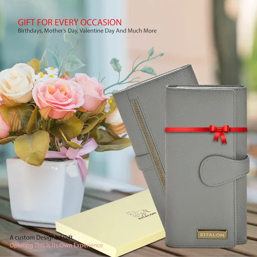 Vista 6 de Carteras de piel con bloqueo RFID para cheques con 11 ranuras para tarjetas para mujer