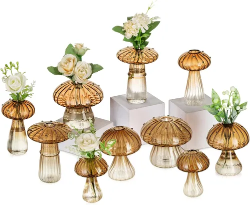 Vista 10 de Glasseam Jarrón de Seta de Cristal Ámbar: Lindo Juego de Jarrones Pequeños para Flores de 5 Jarrones Únicos Mini para Capullos para Centros de Mesa