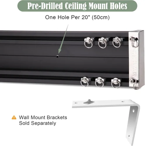 Vista 5 de Riel Doble Unido para Cortinas, Longitud Personalizable, Montaje en Techo o Pared, Rieles de Cortina Resistentes para Sala de Estar, Dormitorio