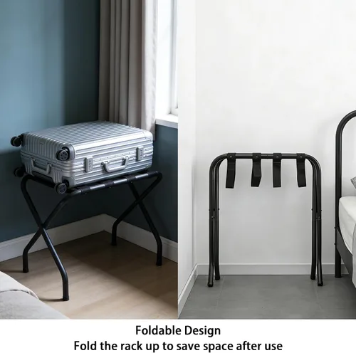 Vista 4 de Portaequipajes plegable, soporte de maleta de metal resistente con correas de nailon, portaequipajes plegable para habitación de invitados