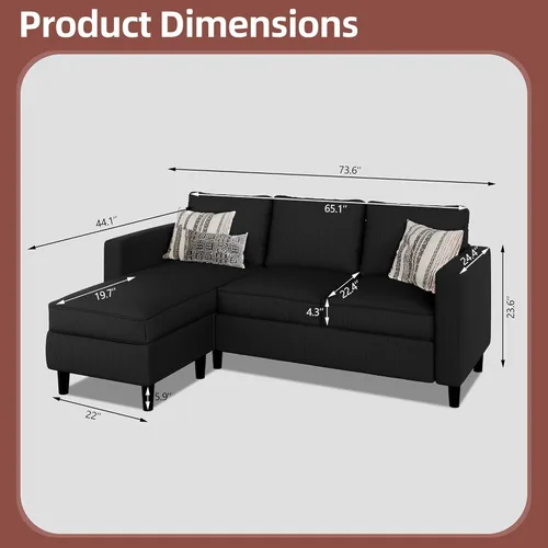 Vista 2 de Nuturelly Modern Convertible Sectional Sofa Couch with Reversible Chaise, 3-Seater L-Shaped Small Space Couch for Living Room, Apartment & Office