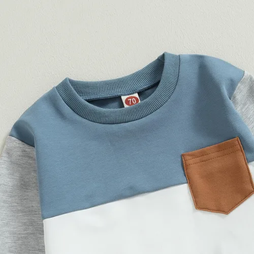 Vista 2 de Toddler Baby Boy Clothes Color Block Pullover Sweatshirt Top Elastic Waist Pockets Joggers Pants 2Pcs Fall Outfit