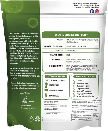 Vista 2 de MRM Polvo de frutas de saúco orgánico – para mujeres y hombres – Superalimento orgánico de saúco puro USDA con antioxidantes, vitamina C