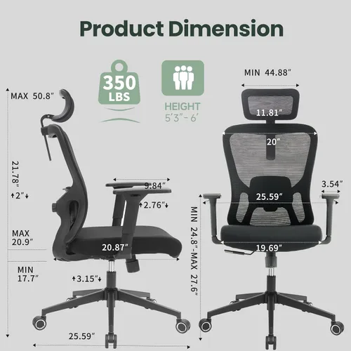 Vista 2 de Silla de oficina de respaldo alto con soporte lumbar, silla de escritorio Negro