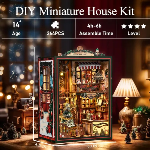 Vista 3 de Kit de rincón de libro de Navidad, casa de muñecas en miniatura 3D, rompecabezas de madera con caja de música, luz LED, regalos de Navidad