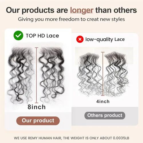 Vista 4 de EMMOR Cabello humano virgen invisible con bordes de encaje HD para mujer, cabello humano virgen, reutilizable, color negro natural, rizado, 2