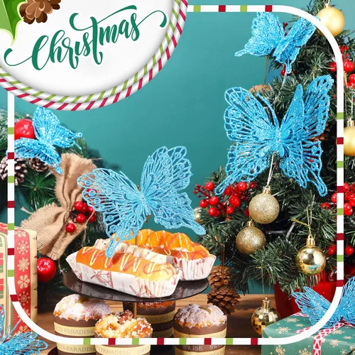 Vista 3 de Charniol 36 piezas de 3 tamaños para árbol de Navidad, decoraciones de mariposa hueca con purpurina, adornos colgantes con clips para manualidades