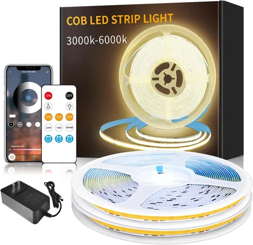 Vista 8 de COB - Tira de luces LED de 32.8 pies, 3000 K, blanco cálido, regulable, CC de 24 V, cinta de luces LED flexibles para dormitorio, con control remoto