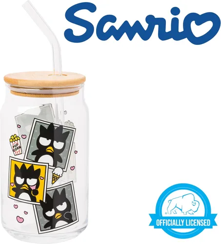Vista 7 de Silver Buffalo Sanrio - Vaso de vidrio con tapa de bambú y sorbete de vidrio de fotos de Badtz-Maru, 16 onzas